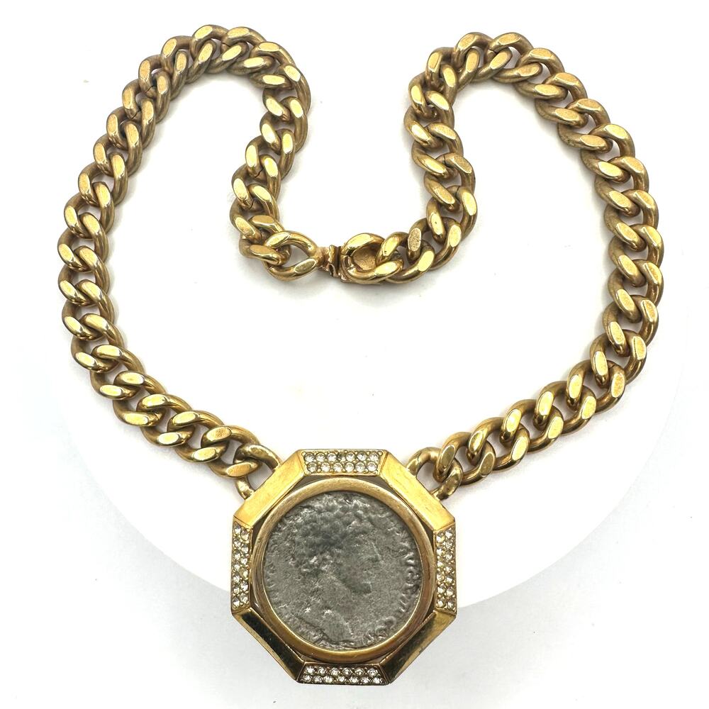 Ciner vintage gold silver tone Roman coin pendant heavy curb link chain necklace